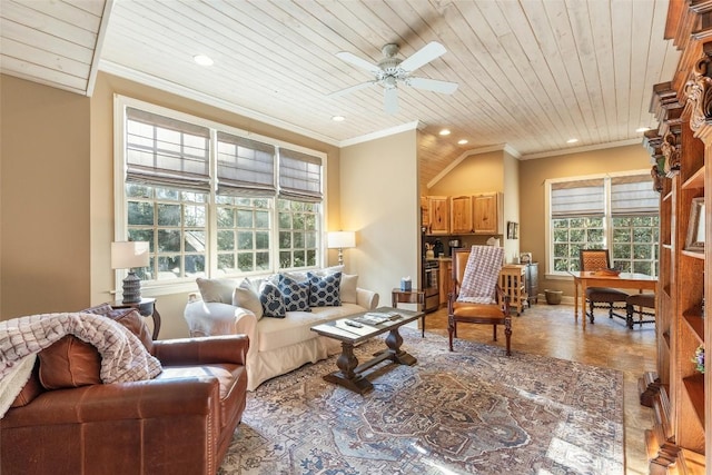 living room featuring crown molding, wooden ceiling, and ceiling fan