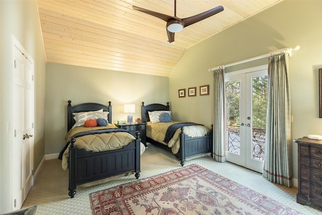 carpeted bedroom featuring ceiling fan, vaulted ceiling, access to outside, wooden ceiling, and french doors