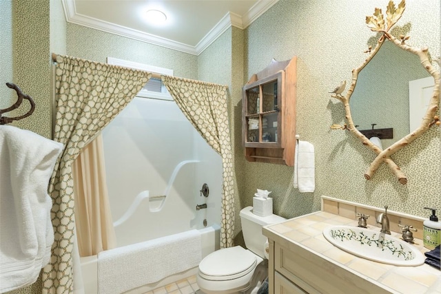 full bathroom with crown molding, vanity, toilet, and shower / bath combination with curtain