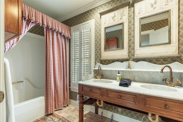 bathroom with crown molding, shower / bath combination with curtain, and vanity