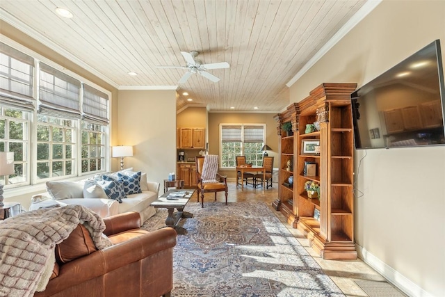 living room featuring crown molding, wooden ceiling, and ceiling fan