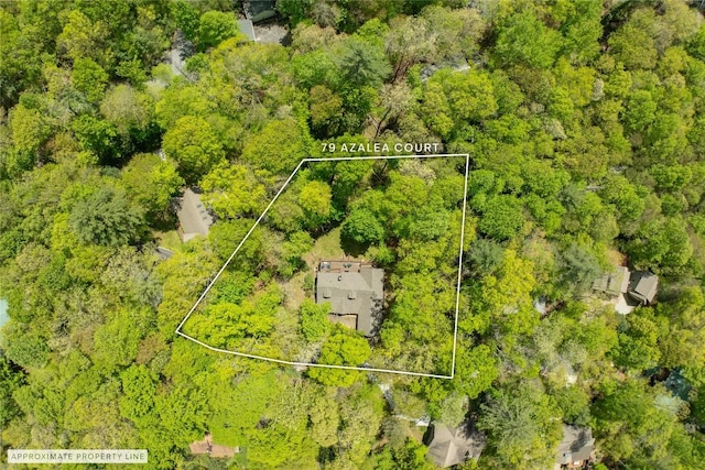 79 Azalea Ct, Sapphire, NC 28774 - aerial view of property and surrounding area featuring property boundaries highlighted and a heavily wooded area