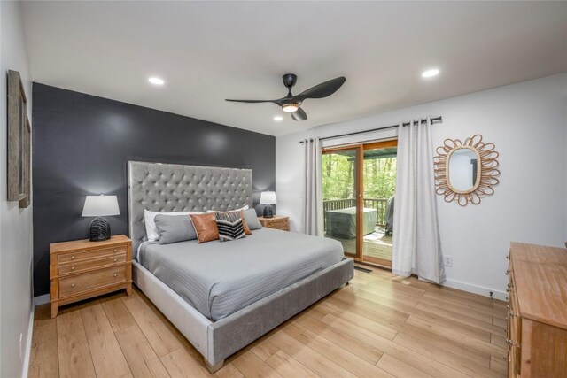 79 Azalea Ct, Sapphire, NC 28774 - bedroom with access to exterior, light wood-style floors, recessed lighting, baseboards, and a ceiling fan