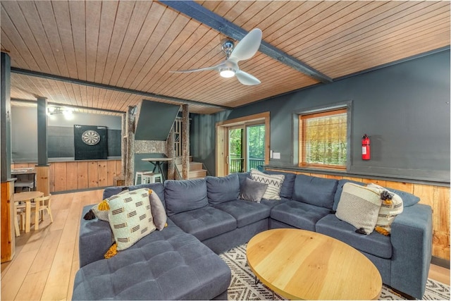79 Azalea Ct, Sapphire, NC 28774 - living room with wooden ceiling, a ceiling fan, hardwood / wood-style floors, wooden walls, and stairs