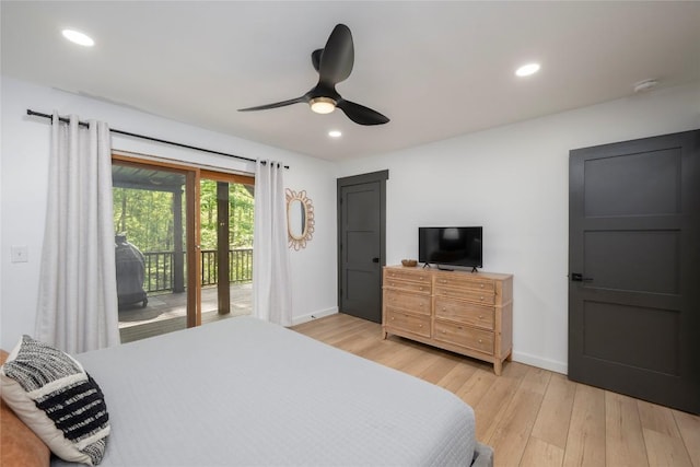 79 Azalea Ct, Sapphire, NC 28774 - bedroom featuring access to exterior, baseboards, light wood-style flooring, recessed lighting, and ceiling fan
