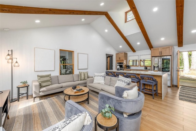79 Azalea Ct, Sapphire, NC 28774 - living room with beam ceiling, light wood finished floors, high vaulted ceiling, and recessed lighting
