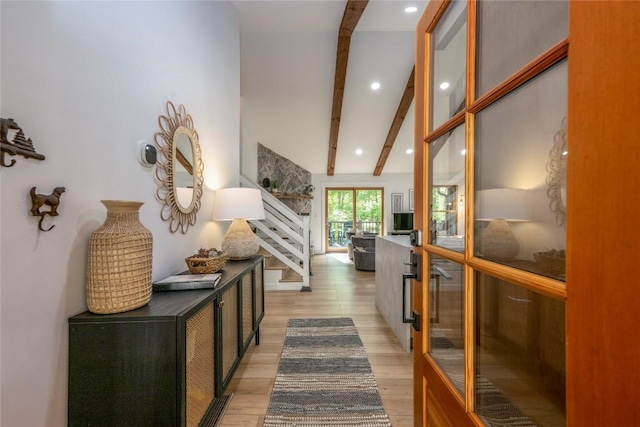 79 Azalea Ct, Sapphire, NC 28774 - hallway featuring light wood-style floors, stairway, and recessed lighting