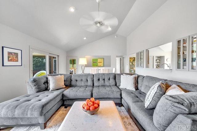 60 Lakeside Trl, Lake Toxaway, NC 28747 - living area featuring ceiling fan, wood finished floors, high vaulted ceiling, and recessed lighting