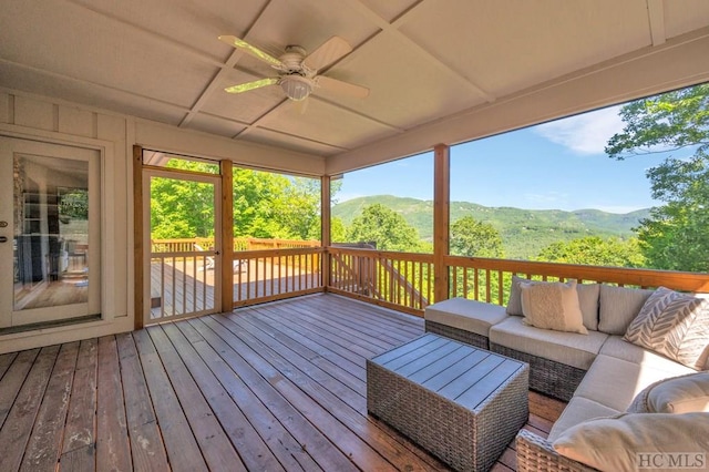 60 Lakeside Trl, Lake Toxaway, NC 28747 - wooden terrace featuring a ceiling fan, outdoor lounge area, and a mountain view