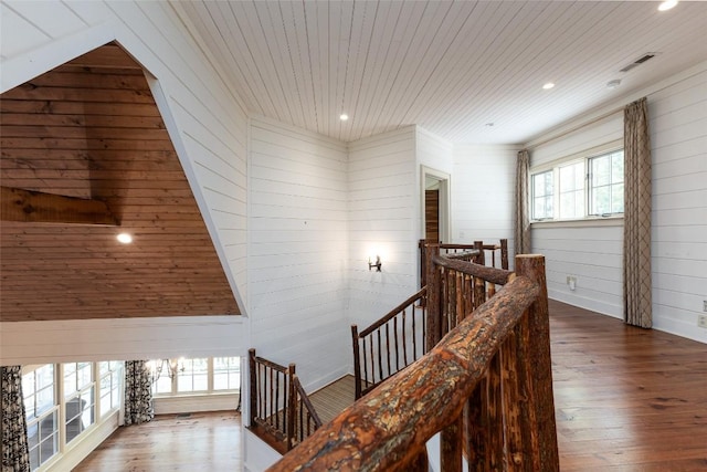 96 Mahalo Ln, Cullowhee, NC 28723 - corridor with an upstairs landing, hardwood / wood-style floors, wooden walls, recessed lighting, and wooden ceiling