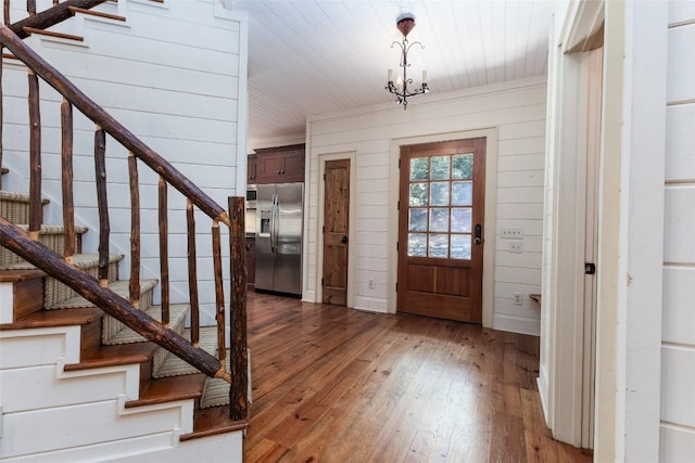 96 Mahalo Ln, Cullowhee, NC 28723 - entrance foyer featuring hardwood / wood-style floors, stairway, wood walls, and wood ceiling
