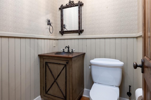 96 Mahalo Ln, Cullowhee, NC 28723 - half bathroom featuring toilet, vanity, and wainscoting