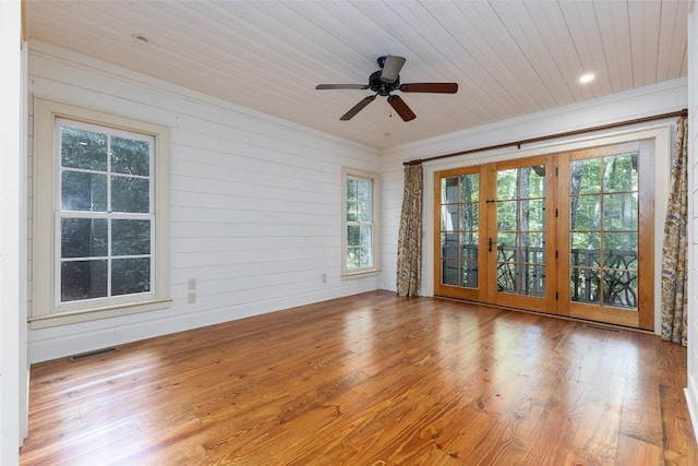 96 Mahalo Ln, Cullowhee, NC 28723 - spare room with french doors, ceiling fan, wood finished floors, and wooden ceiling