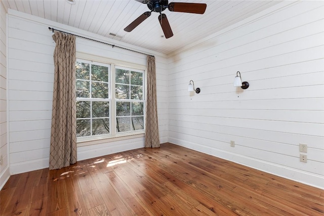 96 Mahalo Ln, Cullowhee, NC 28723 - empty room featuring hardwood / wood-style flooring, wood walls, ceiling fan, wooden ceiling, and baseboards