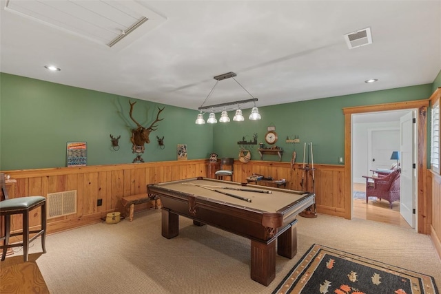 playroom featuring billiards, visible vents, wood walls, carpet floors, and a wainscoted wall