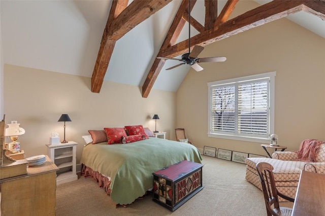 carpeted bedroom featuring vaulted ceiling with beams and ceiling fan