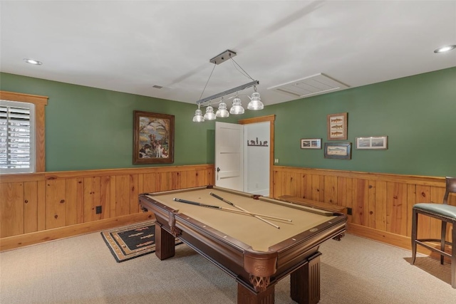 recreation room with wooden walls, a wainscoted wall, carpet flooring, and pool table