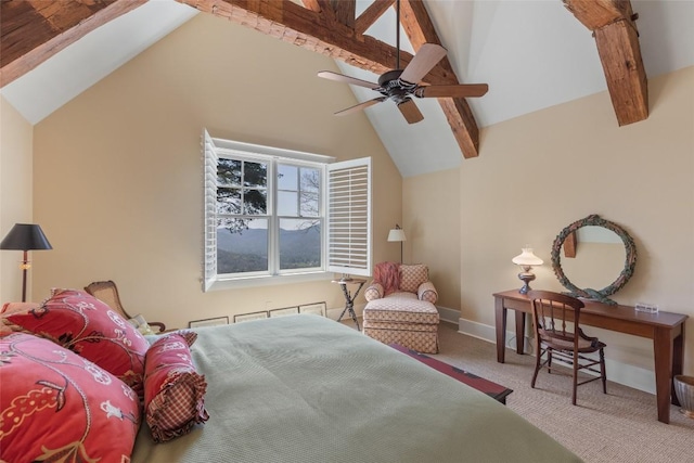 bedroom featuring high vaulted ceiling, baseboards, carpet flooring, and beam ceiling