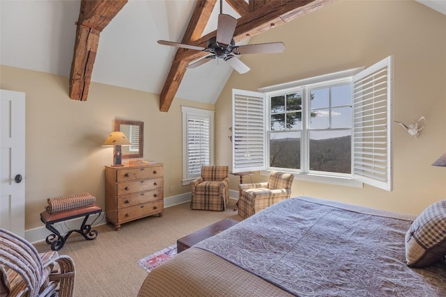 bedroom with lofted ceiling with beams, baseboards, ceiling fan, and carpet