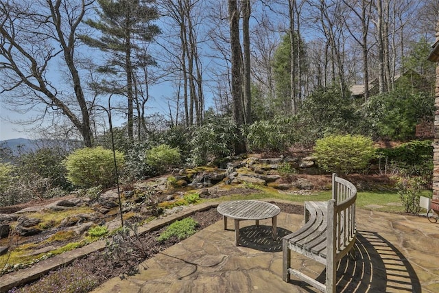 view of patio with a mountain view