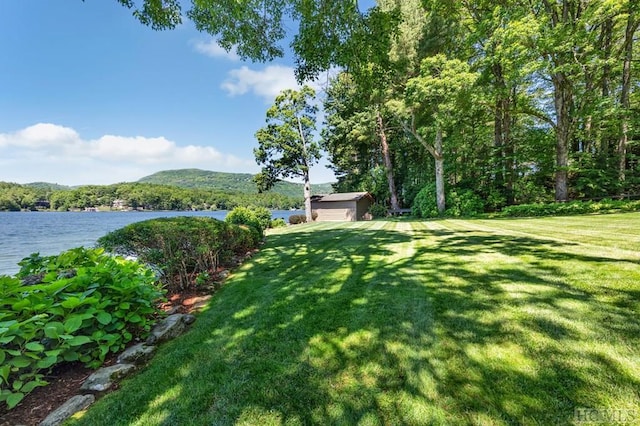 view of yard featuring a water and mountain view, an outdoor structure, and a shed