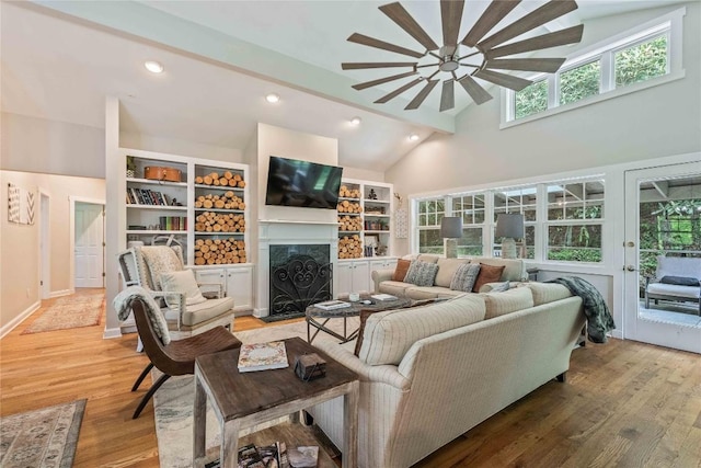 49 Jessamine Ln, Highlands, NC 28741 - living room with ceiling fan, light wood-style flooring, high vaulted ceiling, a fireplace, and recessed lighting