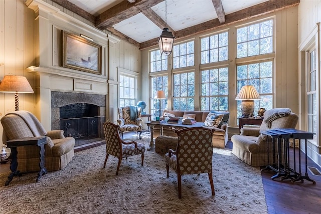55 Oconee Belle Trl, Glenville, NC 28736 - living room with hardwood / wood-style floors, a high end fireplace, beamed ceiling, coffered ceiling, and a towering ceiling