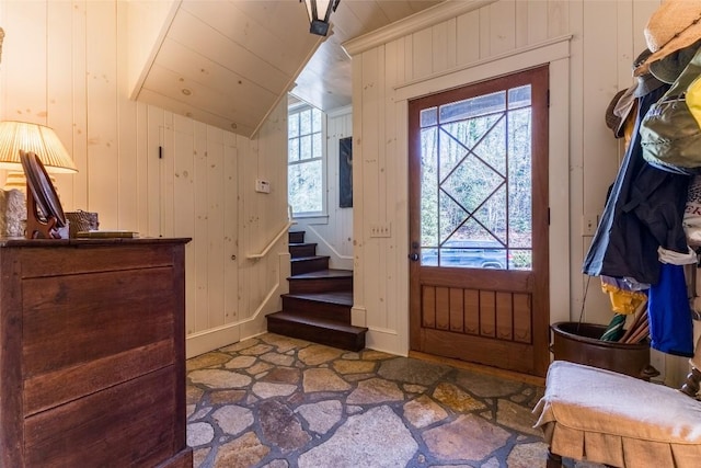 55 Oconee Belle Trl, Glenville, NC 28736 - entrance foyer with stone floors, vaulted ceiling, stairway, wood walls, and wood ceiling