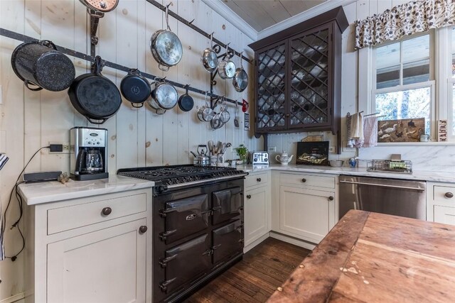 55 Oconee Belle Trl, Glenville, NC 28736 - kitchen with stainless steel dishwasher, crown molding, dark wood-style flooring, white cabinets, and wooden counters