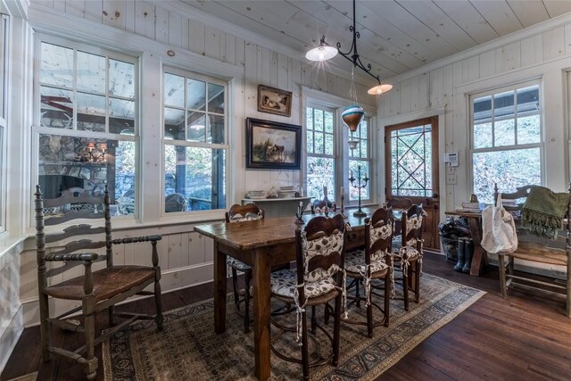 55 Oconee Belle Trl, Glenville, NC 28736 - dining room featuring crown molding, dark wood finished floors, plenty of natural light, wood walls, and wood ceiling