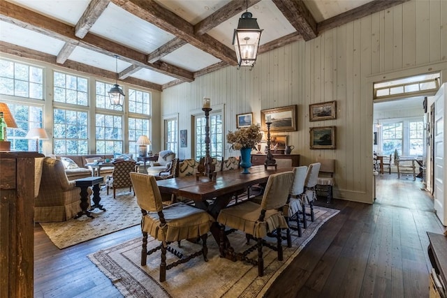55 Oconee Belle Trl, Glenville, NC 28736 - dining area with dark wood-style flooring, beamed ceiling, coffered ceiling, and baseboards