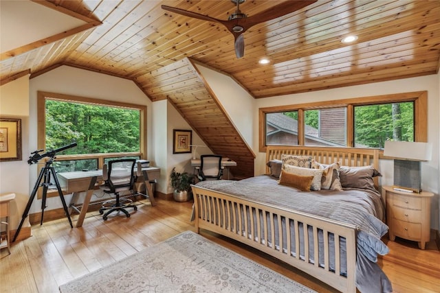 61 Carnoustie Dr, Sapphire, NC 28774 - bedroom featuring multiple windows, vaulted ceiling, wood ceiling, an office area, and light wood-type flooring
