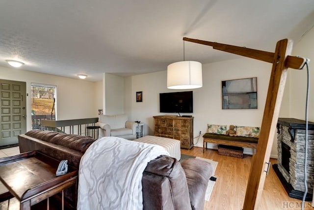 living room with a stone fireplace and light hardwood / wood-style flooring