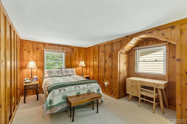 2177 Buck Creek Rd, Highlands, NC 28741 - bedroom with light colored carpet, wood walls, and a textured ceiling