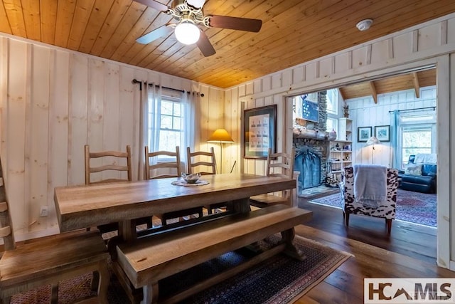920 Sapphire Post Office Rd, Cashiers, NC 28774 - dining space featuring wooden ceiling, wood finished floors, a ceiling fan, wooden walls, and a stone fireplace