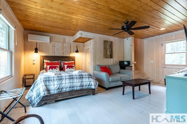 920 Sapphire Post Office Rd, Cashiers, NC 28774 - bedroom with wood ceiling, an AC wall unit, wooden walls, and wood finished floors