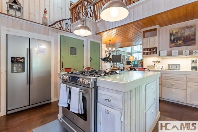 920 Sapphire Post Office Rd, Cashiers, NC 28774 - kitchen with appliances with stainless steel finishes, light countertops, dark wood-style flooring, a chandelier, and wood ceiling