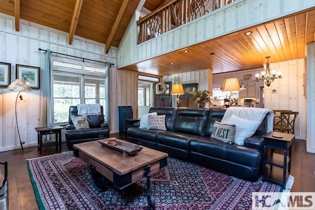 920 Sapphire Post Office Rd, Cashiers, NC 28774 - living area featuring wood finished floors, a chandelier, a wooden ceiling with exposed beams, wooden walls, and high vaulted ceiling