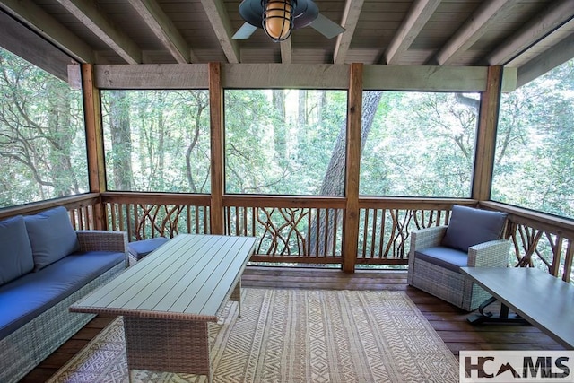 920 Sapphire Post Office Rd, Cashiers, NC 28774 - sunroom featuring ceiling fan, beamed ceiling, and healthy amount of natural light