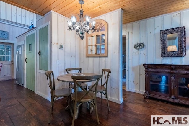920 Sapphire Post Office Rd, Cashiers, NC 28774 - dining area with wooden ceiling, a chandelier, dark wood-type flooring, and wooden walls