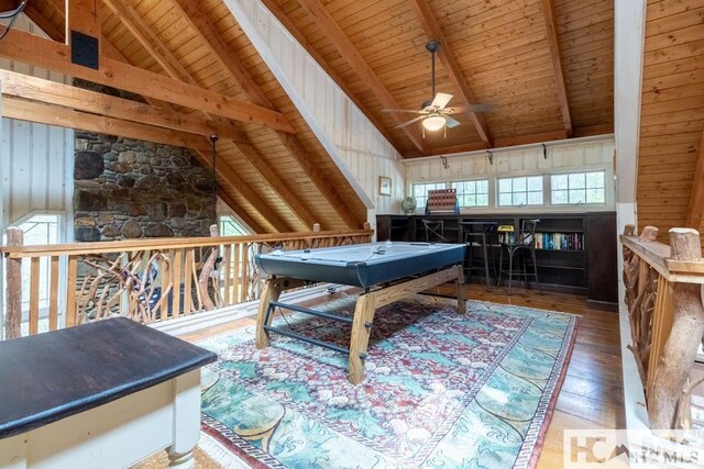 920 Sapphire Post Office Rd, Cashiers, NC 28774 - recreation room with wooden ceiling, hardwood / wood-style flooring, a ceiling fan, billiards table, and wood walls