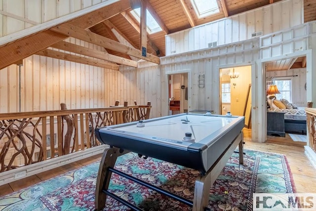 920 Sapphire Post Office Rd, Cashiers, NC 28774 - game room featuring a skylight, billiards table, light wood-style flooring, wooden ceiling, and high vaulted ceiling