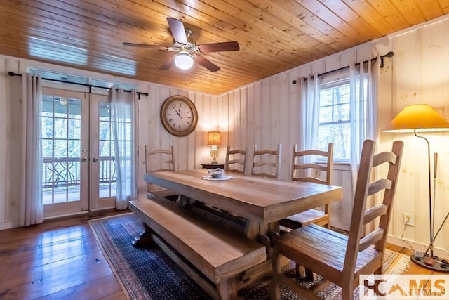 920 Sapphire Post Office Rd, Cashiers, NC 28774 - dining space featuring wooden ceiling, hardwood / wood-style floors, french doors, ceiling fan, and wood walls