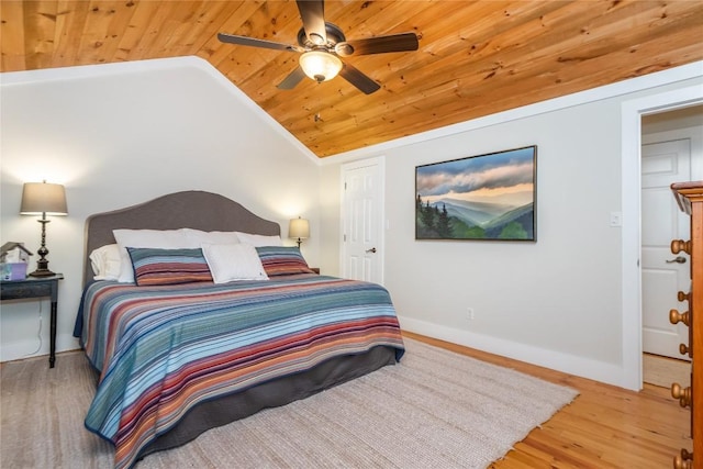 bedroom featuring lofted ceiling, hardwood / wood-style floors, wood ceiling, and ceiling fan