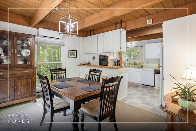 47 Red Bud Ct, Sapphire, NC 28774 - dining area with a wall mounted AC, wood ceiling with exposed beams, light floors, and a chandelier
