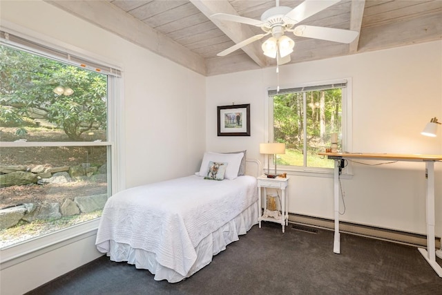 47 Red Bud Ct, Sapphire, NC 28774 - carpeted bedroom featuring wooden ceiling with exposed beams, baseboard heating, and ceiling fan