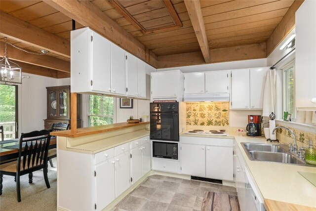 47 Red Bud Ct, Sapphire, NC 28774 - kitchen with oven, wooden ceiling with exposed beams, a sink, under cabinet range hood, and a peninsula