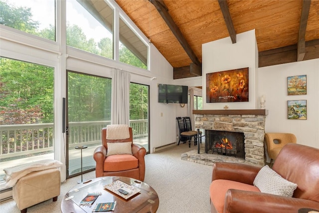 47 Red Bud Ct, Sapphire, NC 28774 - living area with carpet, a stone fireplace, wood ceiling with exposed beams, a baseboard radiator, and high vaulted ceiling
