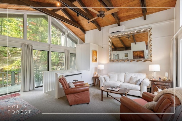 47 Red Bud Ct, Sapphire, NC 28774 - living room with wooden ceiling with exposed beams, a wall mounted air conditioner, carpet floors, high vaulted ceiling, and a ceiling fan