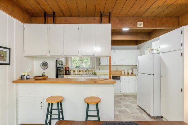 47 Red Bud Ct, Sapphire, NC 28774 - kitchen with freestanding refrigerator, wood ceiling with exposed beams, a peninsula, light countertops, and white cabinetry